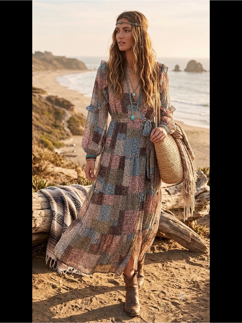 Dress Forum Wrap Patchwork Tiered Maxi Dress Long Sleeve Boho Western Cottage M